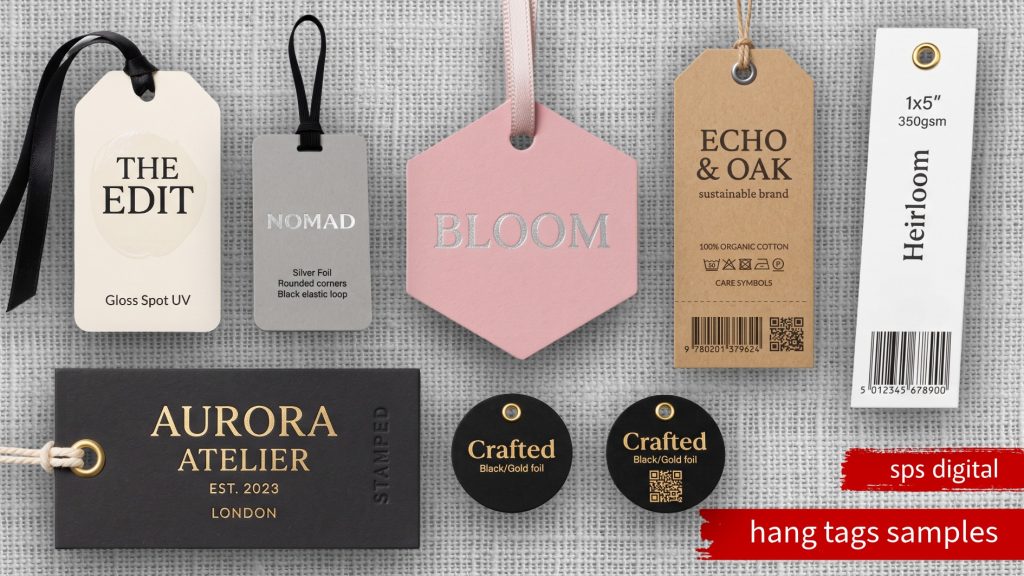 Custom printed clothing tag with barcode and logo