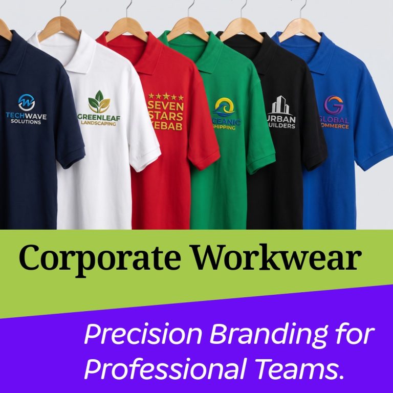 Corporate uniforms displayed on HANGERS with premium embroidery, clean lighting, sharp detailing and professional branding.