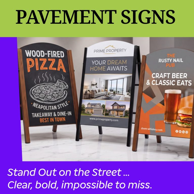 Premier A‑board pavement sign with heavy‑duty frame, crisp printed panel, sharp graphics and a high‑end professional outdoor display suitable for cafés, restaurants, salons and retail businesses.